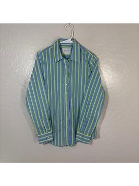 THESHIRT Rochelle Behrens Shirt Womens Medium Blue Green Stripe Button Up Top